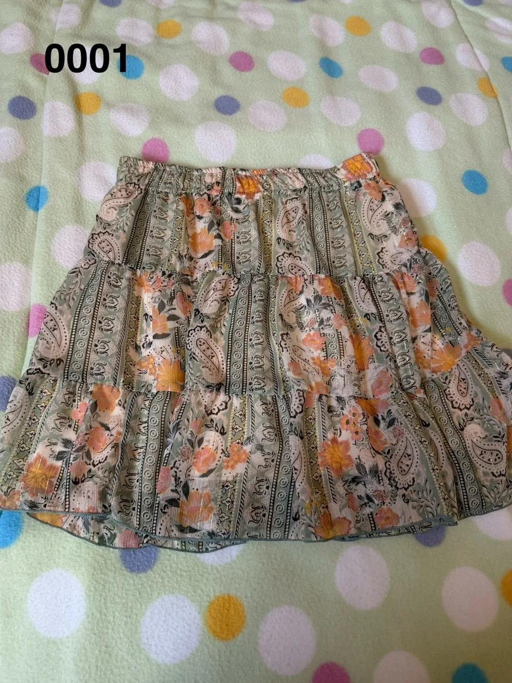 Altar'd State Sage Green Floral Tiered A-Line Skirt with Peach Accents - Picture 1 of 12